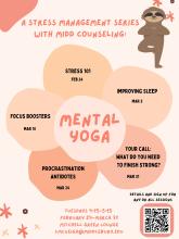 Cartoon sloth in yoga tree pose and abstract flower in peach tones with text.