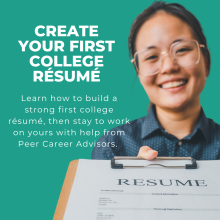 teal background, smiling woman, wearing glasses and a blue shirt, holding a clipboard with a Resume