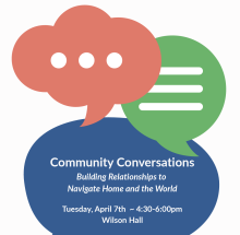 orange, green and blue speech bubbles overlap slightly with dots, lines and words in separate bubbles