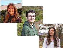 Three individual images, two of woman with long hair-both outside, one male with short dark hair and glasses.