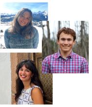 Three individual images. All taken outside. 2 girls, long hair, smiling. I guy, short hair, plaid shirt, smiling.