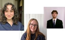 Two woman, one with dark wavy hair, blue shirt. One with long straight red hair and glasses. One man short dark hair, wearing a dark suit.