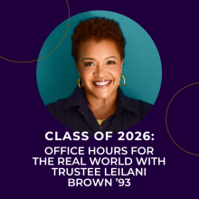 blue square with teal circle around photo of Leilani Brown, who has short curly brown hair, is smiling, wearing gold hoop earrings