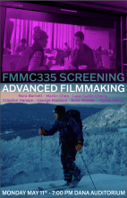 A poster of the screening displaying the name of the directors and an image of a skier atop a mountain.