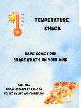 Orange thermometer, sun, pizza slice on sky blue background with text.
