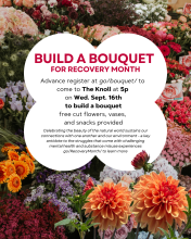 picture of flowers with an invitation to build a bouquet at 5 pm at the knoll on Wednesday 9/16, and signup in advance at go/bouquet/