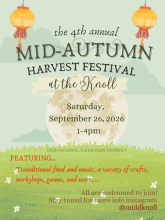 poster for 4th annual mid-autumn harvest festival at the knoll with background image of a moon rising over a grassy hill.
