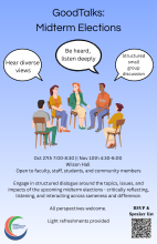Flyer for the GoodTalks: Midterm Election event featuring a group of people sitting in a circle talking.