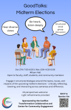 Flyer for the GoodTalks: Midterm Election event featuring a group of people sitting in a circle talking.