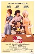3 women in dresses smiling and standing behind a man tied to a chair with the title and information for the movie "Nine to Five"