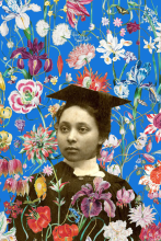 Photo of a woman with flowers surrounding her against a blue background.