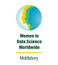 Circle with three faces and the text "Women in Data Science Worldwide: Middlebury.