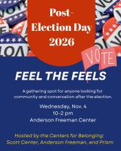 Red and blue poster with white and yellow text and a picture of vote buttons, describing a post-election community processing event