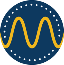blue circle with wavy yellow letter M in center, white dots around circumference.