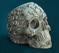 grey skull, carved with circular designs, against a dark blue background
