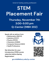 Event poster with text and two people talking at a table