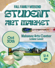 poster with text, a paintbrush, pottery bowls, and a photo of the Mahaney Arts Center