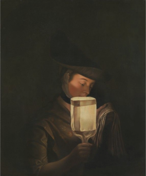 Painting of woman dressed in medieval clothing holding a lantern