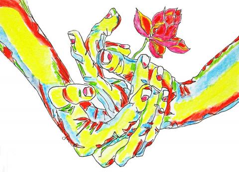 Colorful gratitude hands holding blooming flower