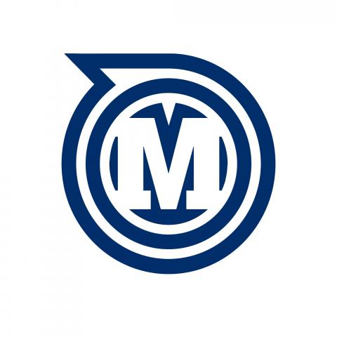 Blue logo with a large white M in the center