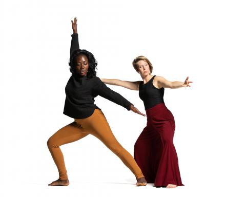Two dancers against a white background