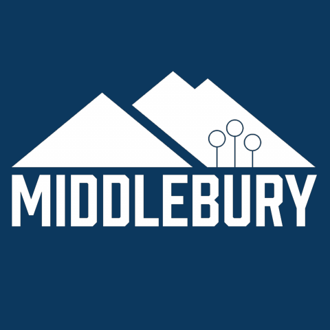White Middlebury lettering with the Quidditch goals against a white mountain background