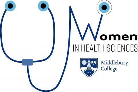 Blue stethoscope creating a smiley face, wtih a blue W to resemble a heart beat with the words women in health sciences