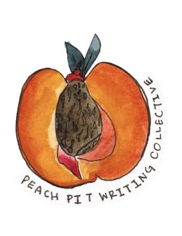Peach cut in half with the pit showing in the middle with the words Peach Pit Writing Collective around it