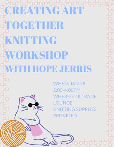 white poster with details about a knitting workshop, with a cat leaning on a ball of yarn