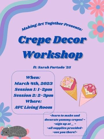 Purple poster with colorful flowers and a cat, with berry filled crepes. Sponsored by Making Art Together, with the location, time and instructor listed.