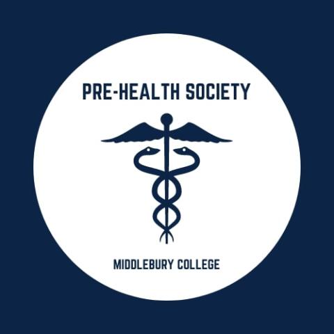 White circle with the medical symbol in blue.  Pre-Health  Society, Middlebury College inside the circle.