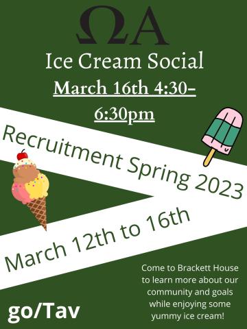 Green poster with Omega Alpha with ice cream cones for their recruitment party