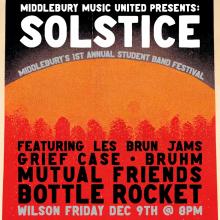 Black, Red & Orange background with description of the event: Solstice sponsored by MMU with a list of bands to perform
