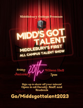 Microphone in front of a closed curtain with the details of the event for the first all campus talent show.  Friday, January 20th in Wilson Hall at 7pm