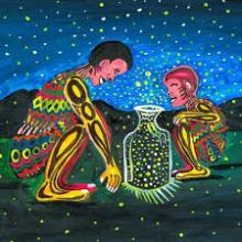 Painting of two people looking into a glass jar full of fireflies against a starlit night sky.