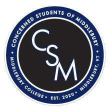Blue circle that says Concerned Students of Middlebury, established in 2020, with a black inner circle with the letters CSM