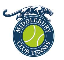 Middlebury panther perched on top of a tennis ball surrounded by the words Middlebury Club Tennis in blue and white
