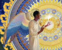 Image of the angel Gabriel as a brown-skinned man with golden wings; copyright Katie Runde.