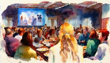 watercolor of people at a dinner