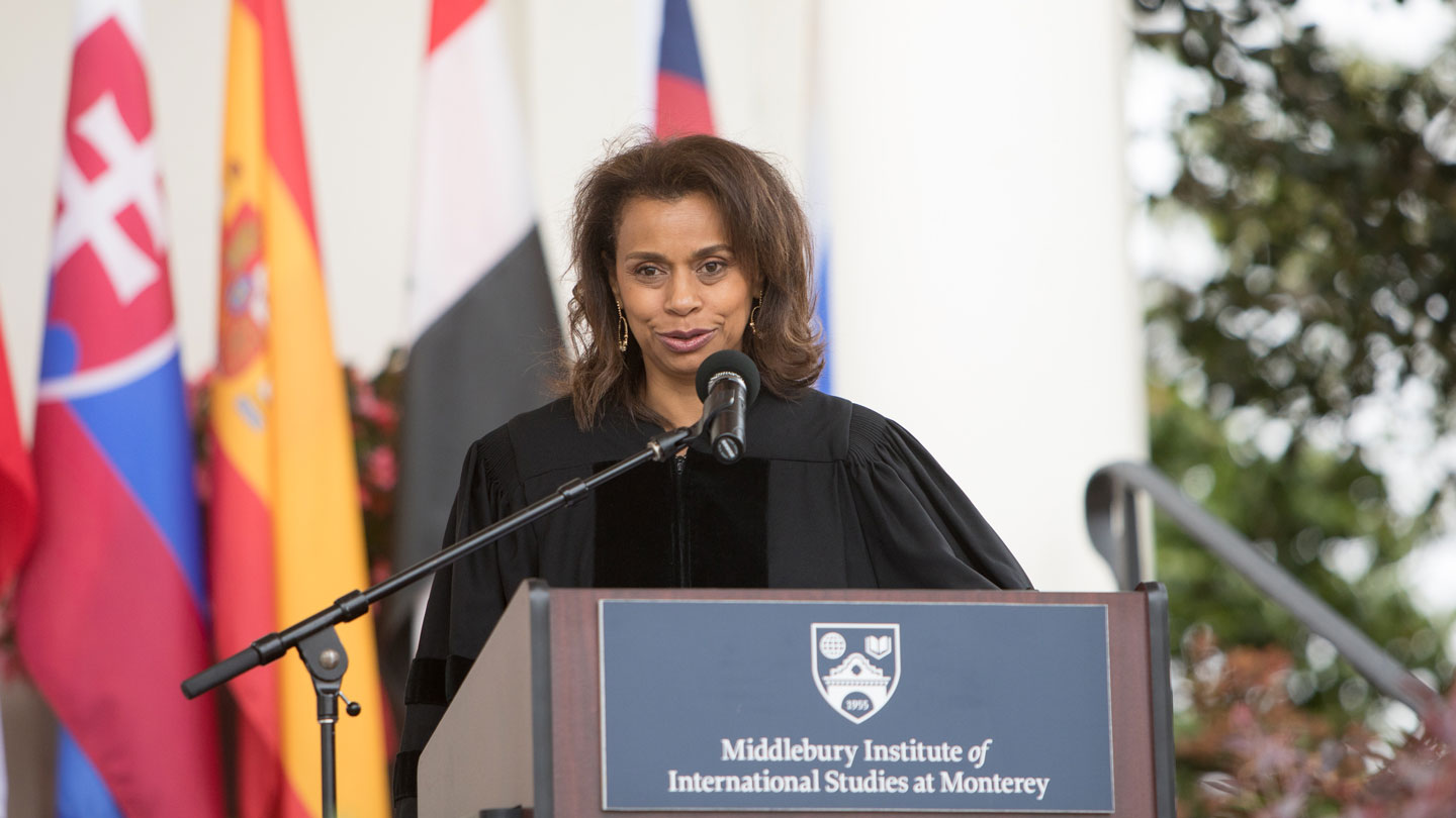 Elayne Whyte Gómez speaking at Spring Commencement 2018