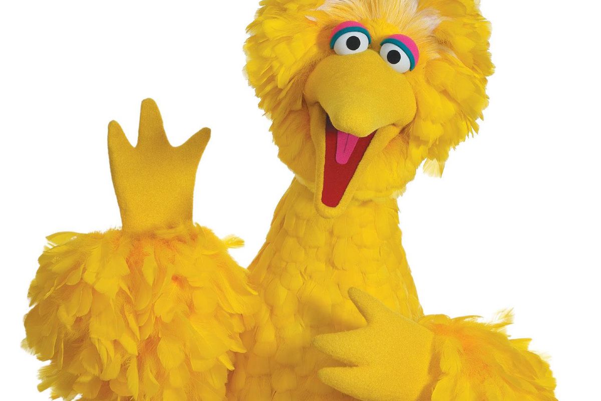 Big bird waving with smile on his face.