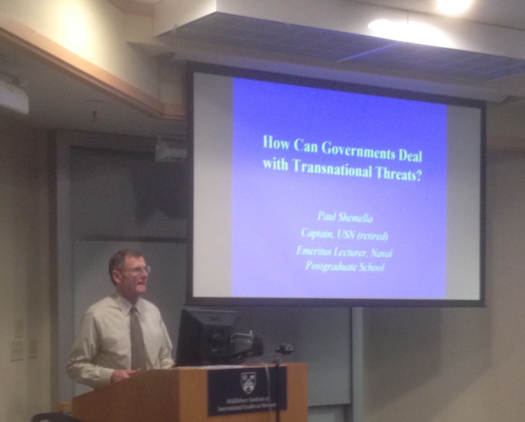 Paul Shemella speaking to Middlebury Institute students on how governments respond to transnational threats. 