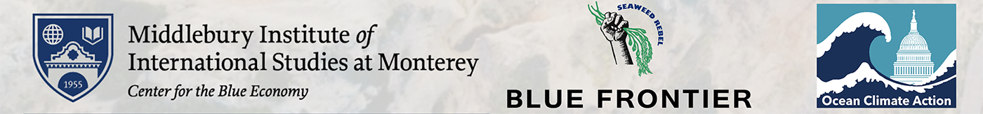 Logos for the Center for the Blue Economy, Blue Frontier, and the Ocean Climate Action Summit
