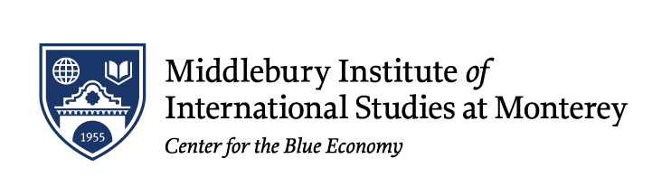 Center for the Blue Economy logo--a shield with the world, a book, and a historic building on the campus of the Middlebury Inst of Intl. Studies in Monterey