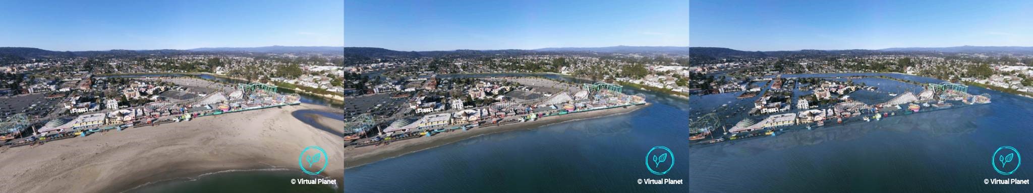 A triptic of the Santa Cruz, CA Beach Boardwalk, with normal, some flooding, and catastrophic flooding 