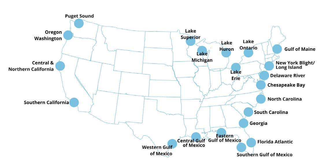 Graph showing the continental US and 21 regions included in the regional analysis