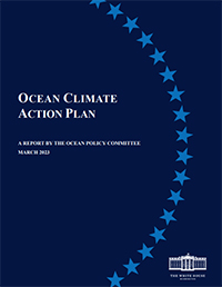 Blue background with blue wave of stars, text is OCEAN CLIMATE ACTION PLAN