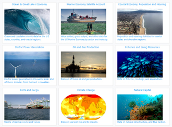nine squares each with a picture representing different parts of the ocean economy and datasets 