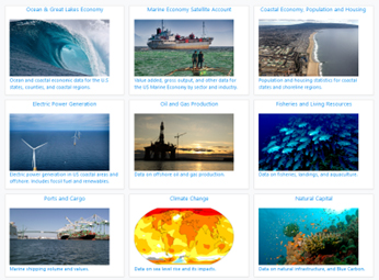 nine squares each with a picture representing different parts of the ocean economy and datasets
