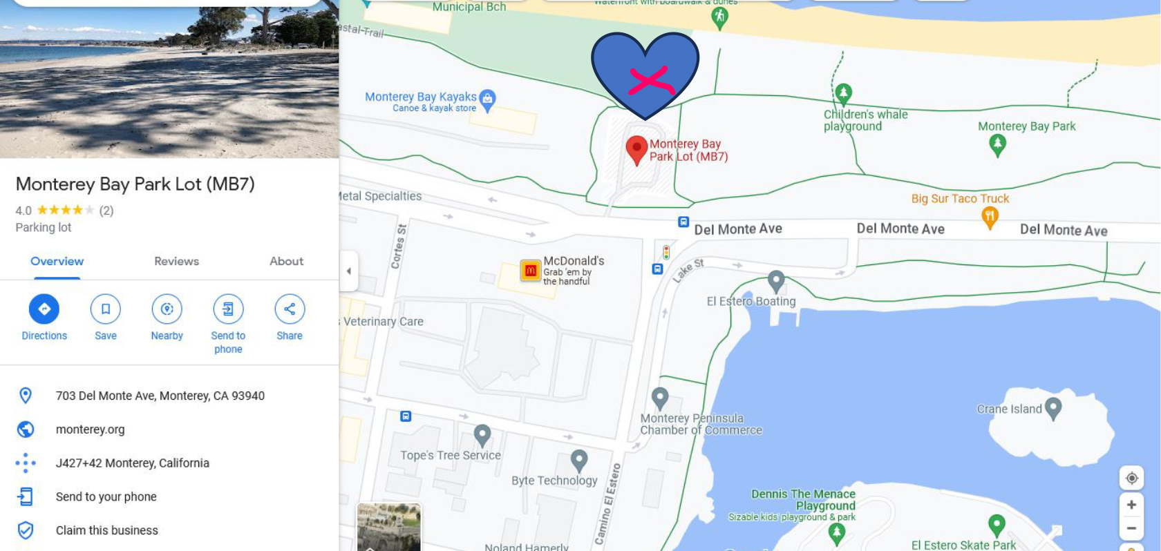 a map showing location of where on beach to meet